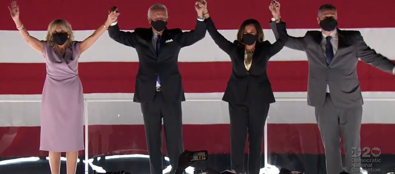 The Democratic candidates for President and Vice President are shown with their spouses following the 2020 DNC Concvention