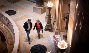 House Minority Leader Kurt Daudt, R-Crown with Assistant Minority Leader Rep. Anne Neu, R-North Branch Monday, July 20, 2020 in St. Paul, Minn. With him is Assistant Minority Leader Rep. Anne Neu, R-North Branch.(Glenn Stubbe/Star Tribune via AP)