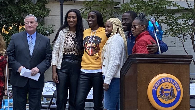 Kahleah Copper of the Chicago Sky (in yellow) at Philadelphia City Hall with Mayor Jim Kenney (left) and other guests, all celebrating her WNBA Finals MVP in leading the Chicago Sky to the league title.