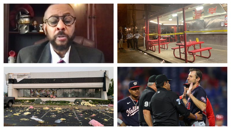 Councilmember Curtis Jones, Pat's King of Steaks during a homicide investigation, then-Washington Nationals pitcher Max Scherzer being searched after a request to umpires, tornado damage at a car dealership in Bucks County.