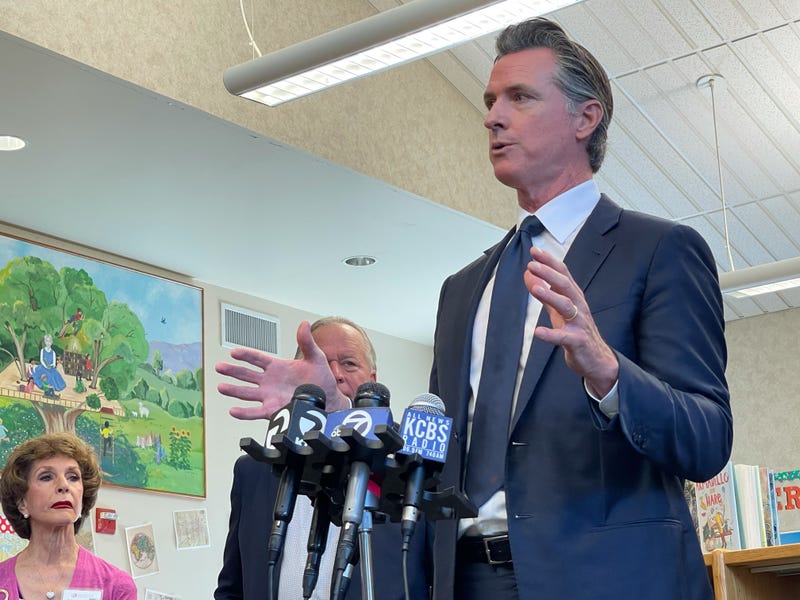 California Gov. Gavin Newsom addresses reporters Friday about the state's plan to require all students and teachers to wear masks this fall, regardless of their vaccination status against COVID-19.