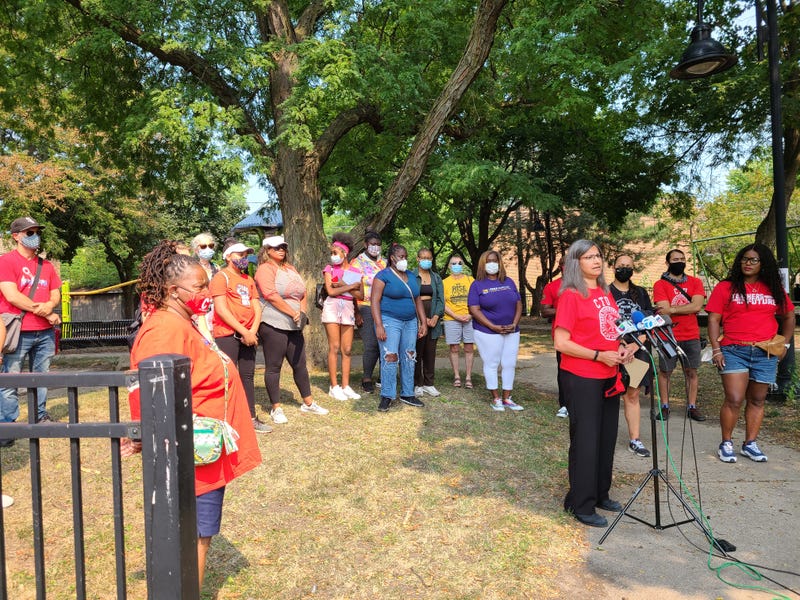 Bessie Coleman speaking ahead of members of the Chicago Teachers Union, who were focused on planned efforts to canvas several neighborhoods promoting COVID vaccines