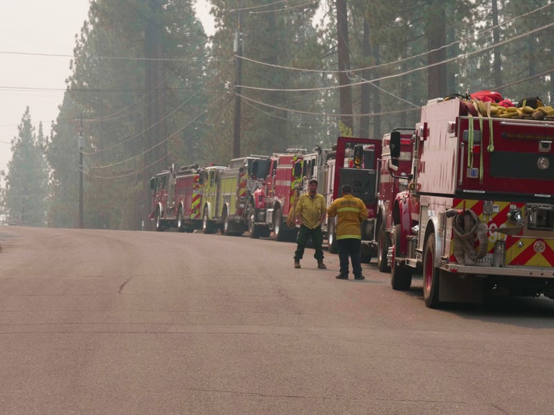 Fire engines stage in South Lake Tahoe on Thursday, Sept. 2, 2021. The Caldor Fire reached 27% containment by Thursday night, according to CAL FIRE.