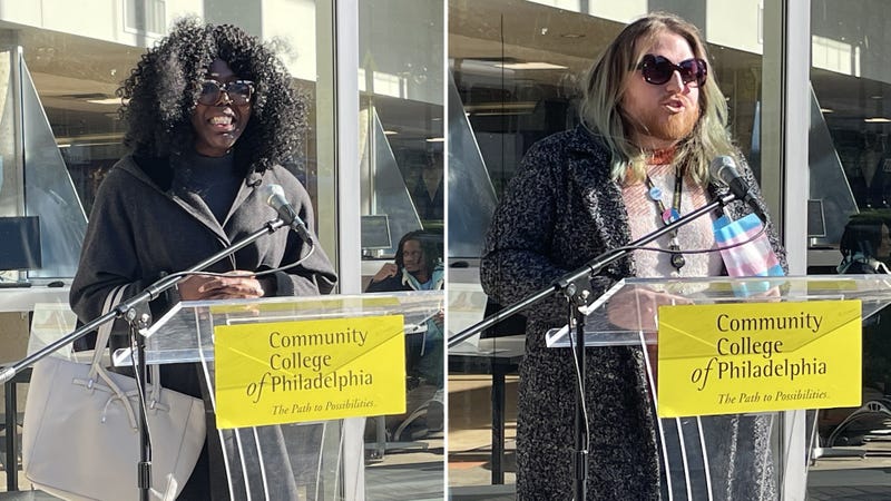 Community College of Philadelphia alum, civil rights activist and trans woman Kendall Stevens, and Vincent Scarfo, coordinator of CCP’s Mark David LGBTQ Center, speaking Monday at a CCP remembrance of transgender people who lost their lives to violence.