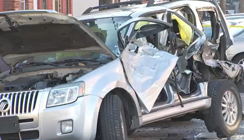 A vehicle that a stolen SUV crashed into Wednesday in Mantua. A 78-year-old woman inside the vehicle died.