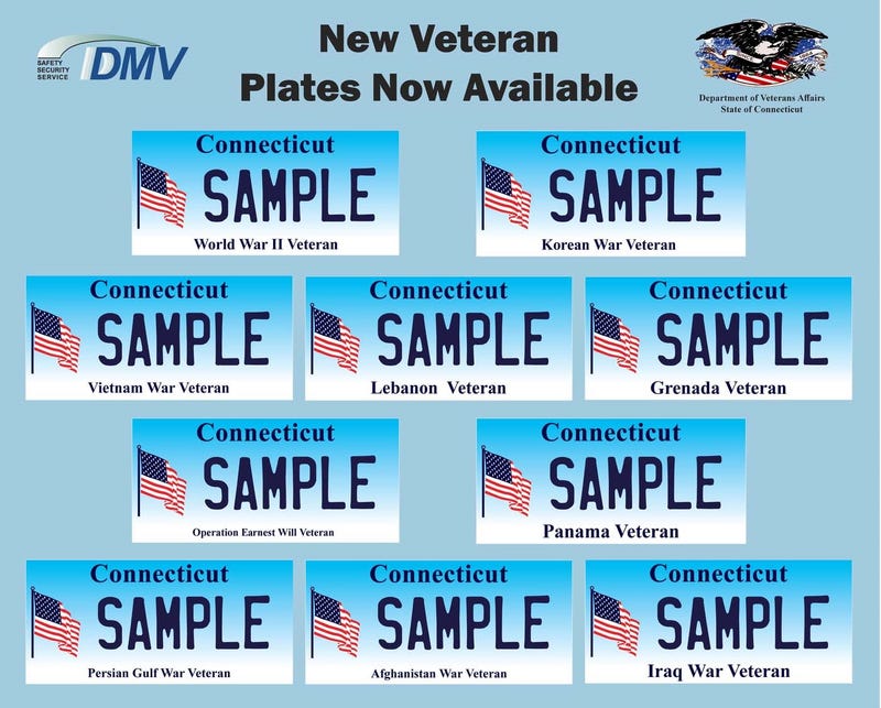 The Connecticut Department of Motor Vehicles is now offering 10 new license plate options for veterans that commemorate specific wartime periods.