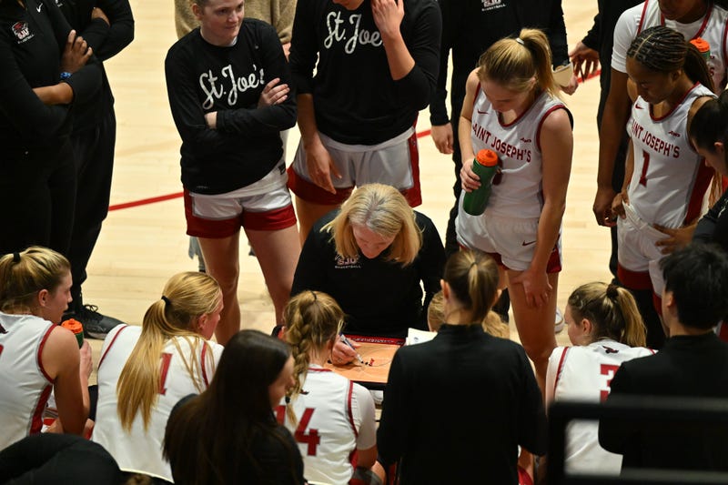 Saint Joseph's women's basketball head coach Cindy Griffin conducting a strategy discussion in the team huddle during the Hawks' win over Drexel on Dec. 4, 2022.