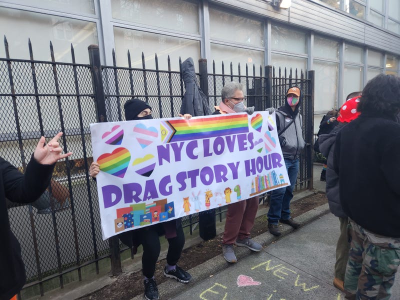 Demonstrators with Jews for Racial and Economic Justice held a banner that read "NYC loves Drag Story Hour."