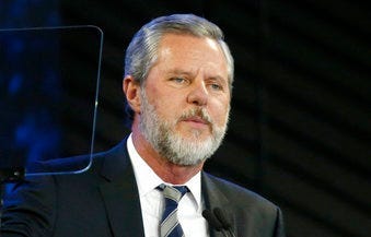 FILE - In this Nov. 28, 2018, file photo, Liberty University President Jerry Falwell Jr. speaks before a convocation at the university in Lynchburg, Va. (AP Photo/Steve Helber, File)