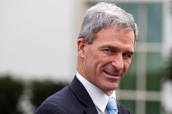 FILE - In this March 20, 2020 file photo, Acting Deputy Secretary for the Department of Homeland Security Ken Cuccinelli speaks about the coronavirus outside the West Wing of the White House in Washington. (AP Photo/Alex Brandon)
