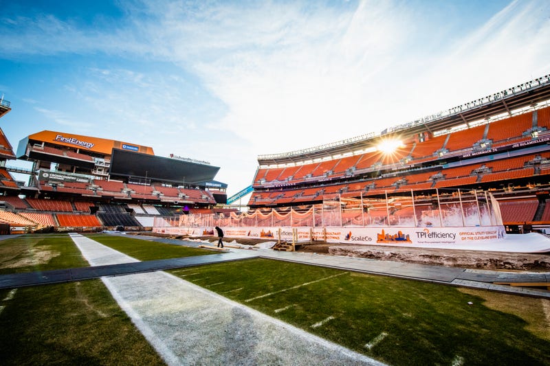 A general view as workers put the finishing touches on the hockey rink installed at FirstEnergy Stadium for the 'Faceoff on the Lake' between Michigan and Ohio State February 18, 2023 at 4 p.m.