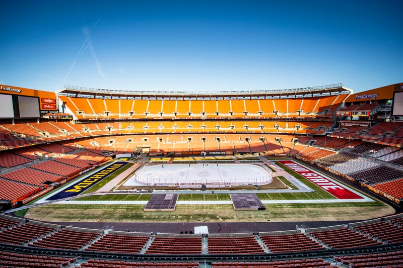 A general view from the upper deck at FirstEnergy Stadium of the hockey rink that has been installed for the 'Faceoff on the Lake' between Michigan and Ohio State to be played February 18, 2023 at 4 p.m.
