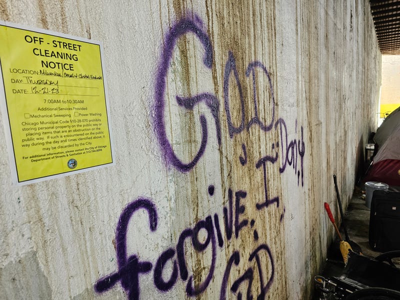 Graffiti along the walls of the viaduct at Clinton and Lake Streets in Chicago's West Loop. Local Ald. Bill Conway (34th) said the area was once "a peaceful homeless encampment" but had become a frequent site for "drug dealing and criminal activity."