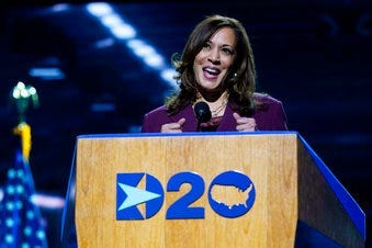 Democratic vice presidential candidate Sen. Kamala Harris, D-Calif., speaks during the third day of the Democratic National Convention, Wednesday, Aug. 19, 2020, at the Chase Center in Wilmington, Del. (AP Photo/Carolyn Kaster)
