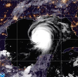 This satellite image released by the National Oceanic and Atmospheric Administration (NOAA) shows Hurricane Laura churning in the Gulf of Mexico, Wednesday, Aug. 26, 2020. (NOAA via AP)