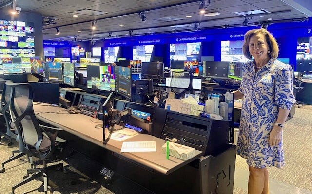Missouri Chief Justice Mary R. Russell explores the replay review room inside Major League Baseball's New York City headquarters in August 2023