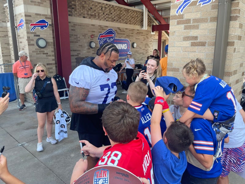 Tackle Dion Dawkins surrounded by fans at Bills Training Camp