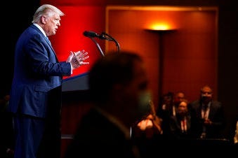 FILE - In this Aug. 24, 2020, file photo President Donald Trump speak at the 2020 Republican National Convention in Charlotte, N.C. (AP Photo/Andrew Harnik, File)