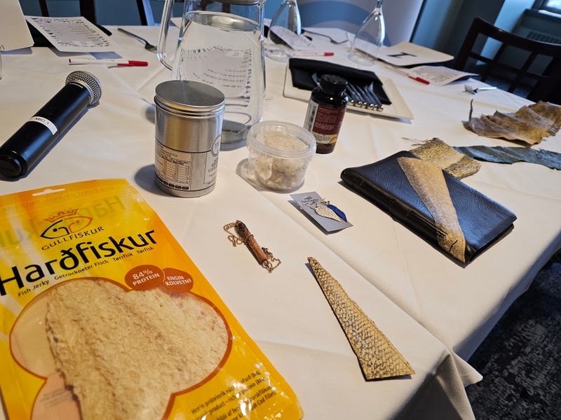 A sampling of some of the products that could be made from a single fish, on display in Chicago on Monday.