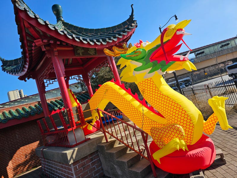 An inflatable dragon rests in Chicago's Chinatown neighborhood