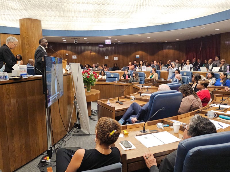 Mayor Brandon Johnson speaks at a special meeting of the Cook County Board, which was held in remembrance of the late Cook County Clerk Karen Yarbrough.