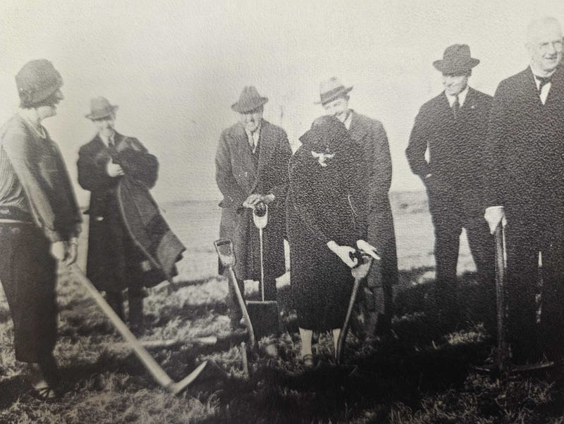 The groundbreaking ceremony in Anoka Township, October 1924 just after WCCO Radio went on the air.  Arthur E. Nelson, the Mayor of St. Paul at the time, drove a plow at the ceremony while the two ladies with shovels were "society hostesses" representing Minneapolis and St. Paul.