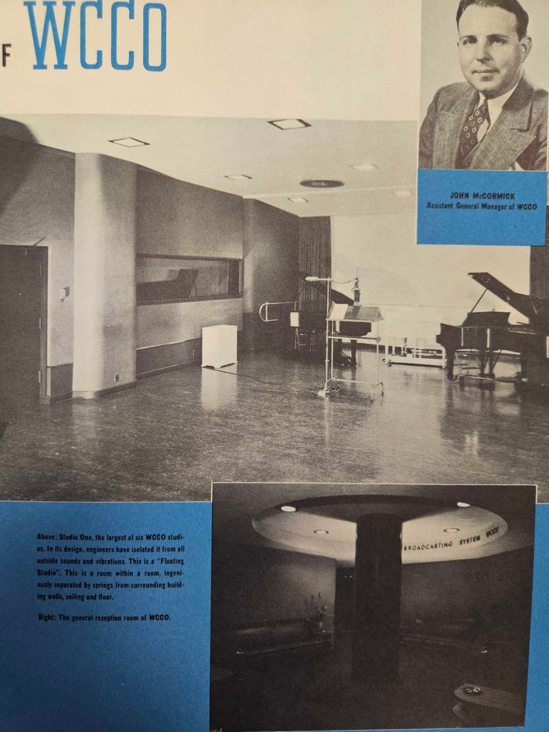 The "modern" new studios of WCCO Radio from an advertisement the station produced touting their new location in 1938. The room in the top image is currently the WCCO Radio Newsroom and lobby, with 104.1 JACK FM located behind the glass on the left.