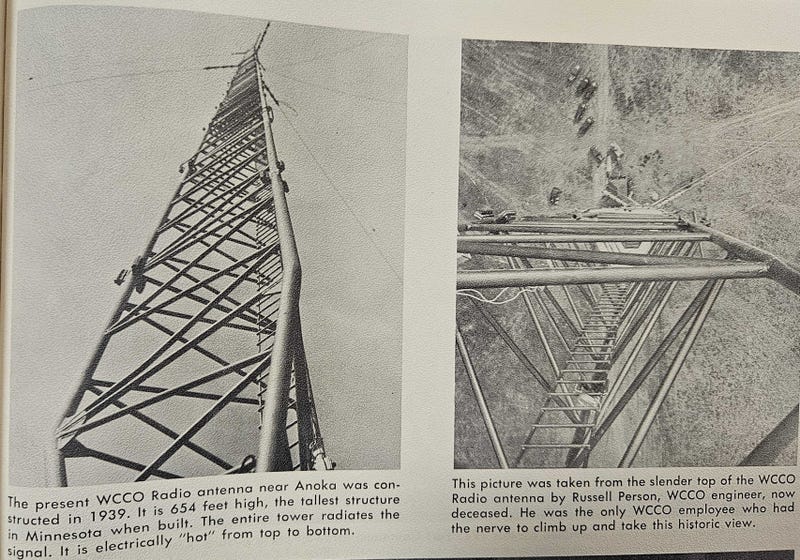 An image from WCCO's 40th Anniversary book showing the 654-foot tower from the bottom - and terrifyingly from the top!