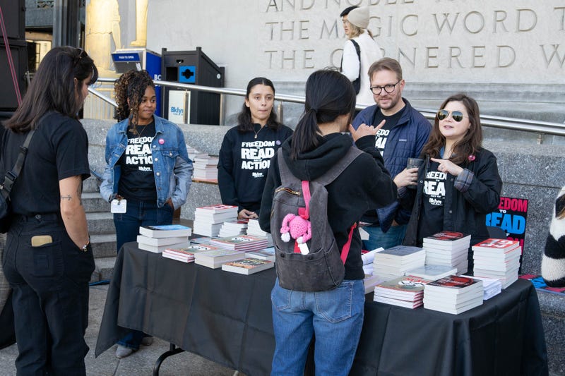 #FreedomToRead rallies were held across NYC on Saturday, including in front of the central branch of the Brooklyn Public Library in Grand Army Plaza.