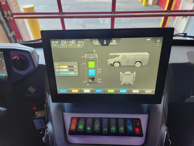 The engine has no mirrors and uses cameras so fire fighters can see what is happening all around them in the new, all-electric Engine #7.