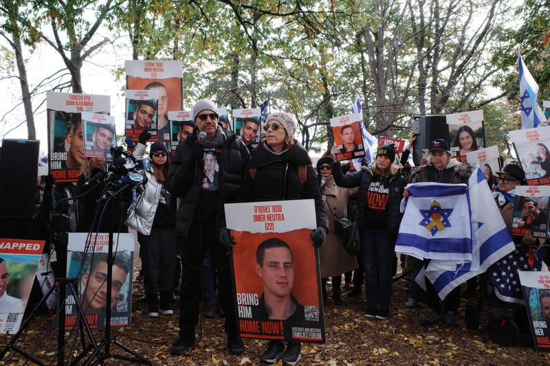 Orna and Ronen Neutra, parents of 23-year-old Hamas-held hostage Omer Neutra, speak at Central Park on Dec. 1, 2024.