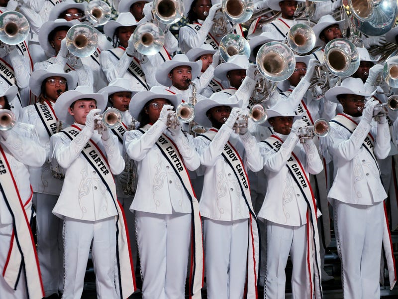 Texas Southern University’s Ocean of Soul Marching Band performs with Beyonce during the halftime show for the game between the Baltimore Ravens and the Houston Texans at NRG Stadium on December 25, 2024 in Houston, Texas