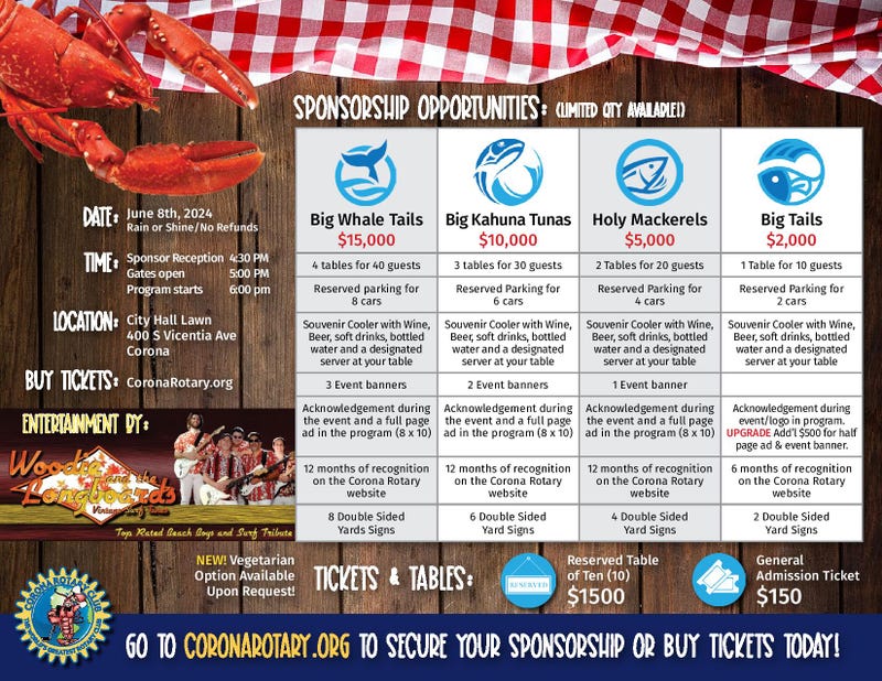 Corona Rotary Lobsterfest sponsorship opportunities flyer