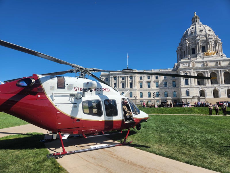 The State Patrol’s chief pilot landed a brand new twin-engine helicopter just outside the front door of the capitol building in St. Paul Monday.