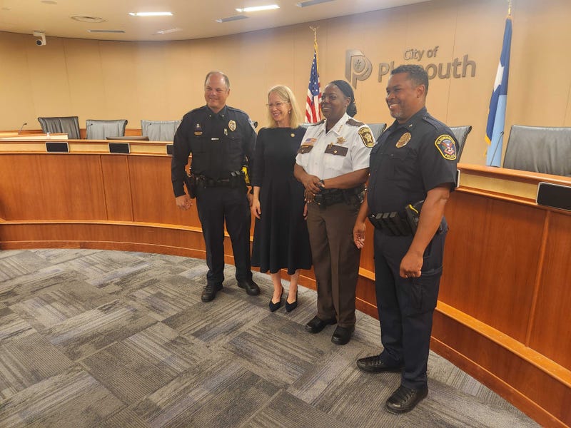 Plymouth Police Chief Erik Fadden, Minnesota 3rd District Rep. Kelly Morrison, Hennepin County Sheriff Dawanna Witt and Bloomington Police Chief Booker Hodges (L-R).