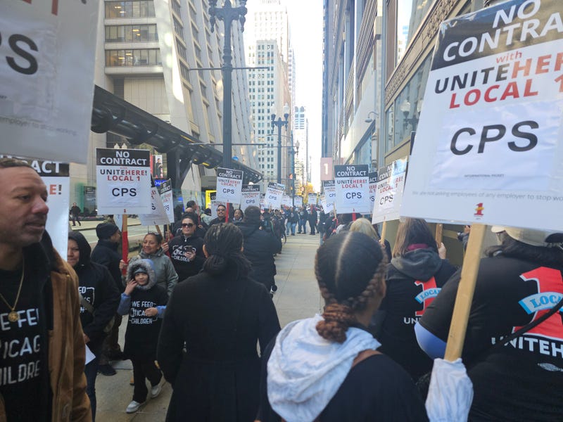 With an expired contract, dozens of Chicago Public Schools lunchroom workers picket outside the CPS headquarters. Oct. 27, 2025.