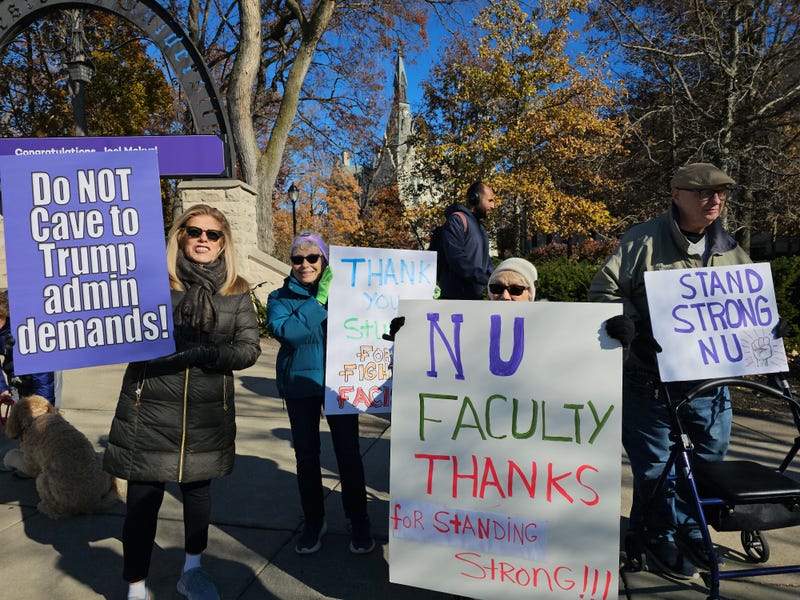 Evanston residents demonstrate outside Northwest University Nov. 17 2025