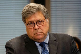 Attorney General William Barr speaks during a press conference about Operation Legend at the Dirksen Federal Building Wednesday, Sept. 9, 2020, in Chicago. (Pat Nabong/Chicago Sun-Times via AP)