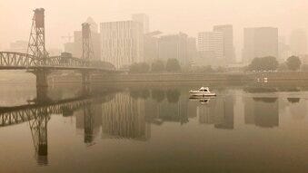 A view of downtown Portland from the East Bank Esplanade is seen on Monday, Sept. 14, 2020. (AP Photo/Gillian Flaccus)