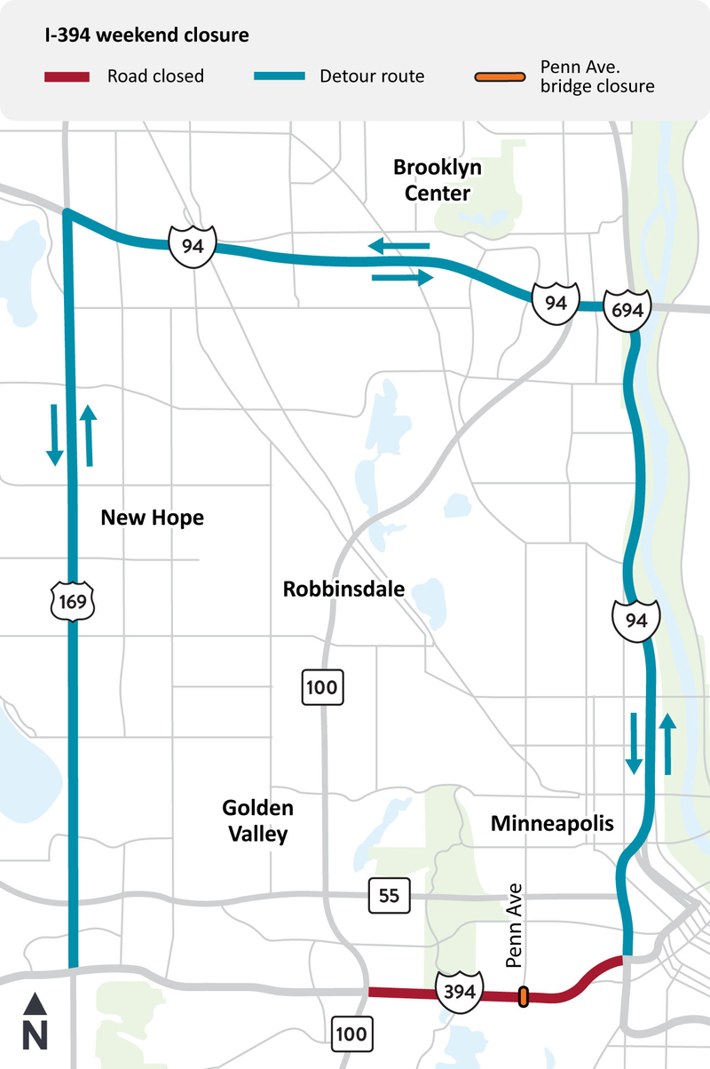 The detour for road work on 394 next week will take drivers all the way up to 694 and around to Highway 169.