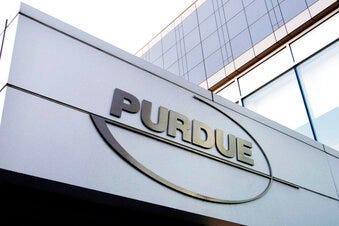 FILE - This Tuesday, May 8, 2007, file photo shows the Purdue Pharma logo at its offices in Stamford, Conn. (AP Photo/Douglas Healey, File)