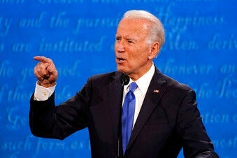 Democratic presidential candidate former Vice President Joe Biden speaks during the second and final presidential debate Thursday, Oct. 22, 2020, at Belmont University in Nashville, Tenn., with President Donald Trump. (AP Photo/Julio Cortez)
