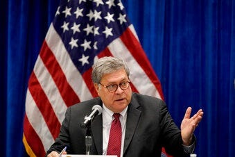 FILE - In this Oct. 15, 2020, file photo U.S. Attorney General William Barr speaks during a roundtable discussion on Operation Legend in St. Louis. (AP Photo/Jeff Roberson, File)