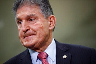 FILE - In this Feb. 5, 2020, file photo, Sen. Joe Manchin, D-W.Va., speaks with reporters on Capitol Hill in Washington. (AP Photo/Patrick Semansky, File)