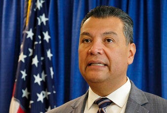 FILE - In this Nov. 2, 2018, file photo, California Secretary of State Alex Padilla speaks in San Francisco. (AP Photo/Eric Risberg, File)