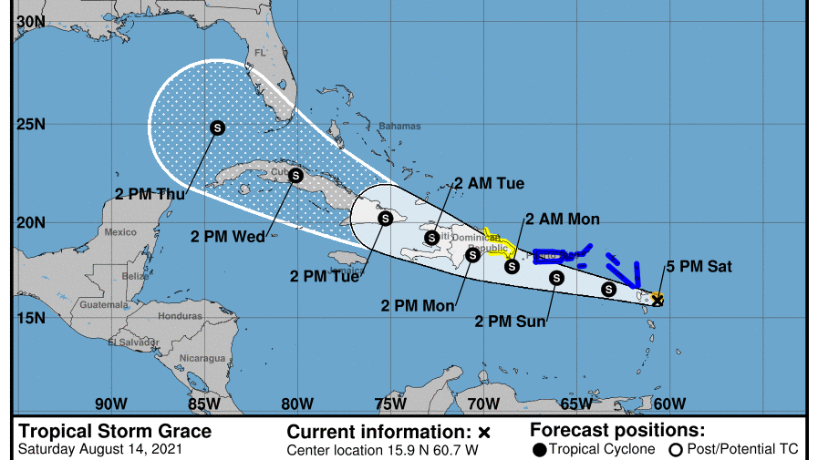 Tropical Storm Grace moving westward