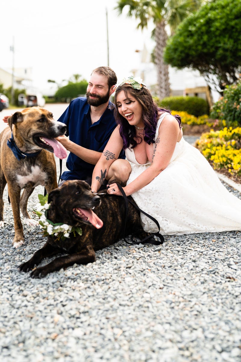 Alanna and Eric with their rescue dogs, Wade Wilson and Layla