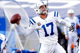 Indianapolis Colts' Philip Rivers (17) throws a pass to Jack Doyle for a touchdown during the second half of an NFL wild-card playoff football game against the Buffalo Bills Saturday, Jan. 9, 2021, in Orchard Park, N.Y. (AP Photo/Jeffrey T. Barnes)