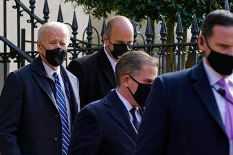 President Joe Biden departs after attending mass at Holy Trinity Catholic Church, Sunday, Jan. 24, 2021, in the Georgetown neighborhood of Washington. (AP Photo/Patrick Semansky)