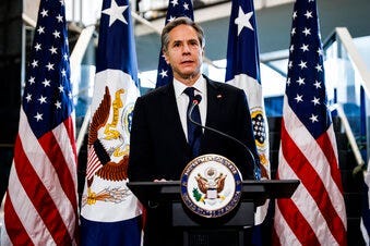 Newly confirmed Secretary of State Antony Blinken addresses a welcome ceremony at the State Department, Wednesday, Jan. 27, 2021 in Washington. (Carlos Barria/Pool via AP)